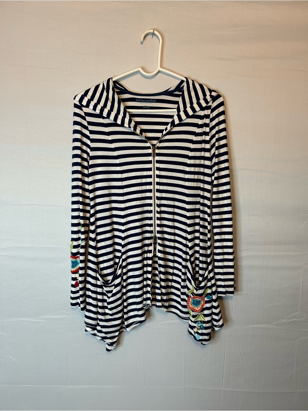Soft Surroundings Women’s XS Zip Up Hoodie Striped Embroidered Coastal 75